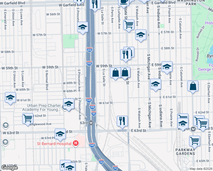 map of restaurants, bars, coffee shops, grocery stores, and more near 6005 South La Salle Street in Chicago
