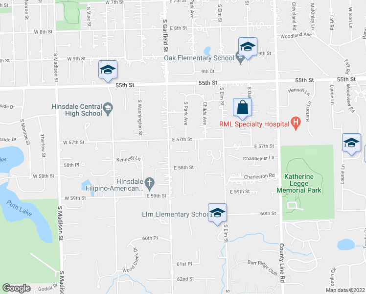 map of restaurants, bars, coffee shops, grocery stores, and more near 5707 Sutton Place in Hinsdale