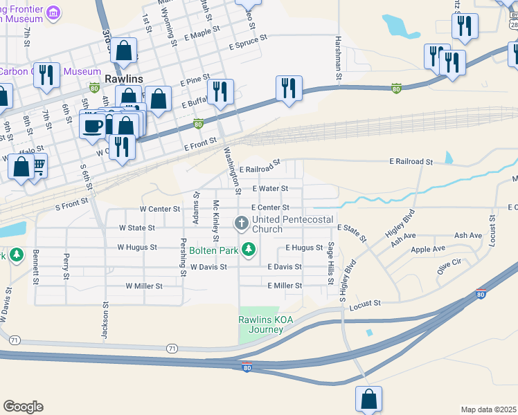 map of restaurants, bars, coffee shops, grocery stores, and more near 298 Jefferson St in Rawlins