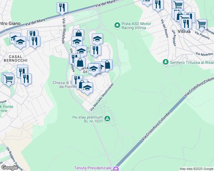 map of restaurants, bars, coffee shops, grocery stores, and more near Via Marcello Mastroianni in Città Metropolitana di Roma