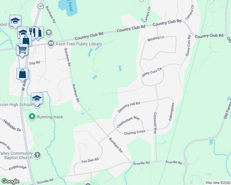 map of restaurants, bars, coffee shops, grocery stores, and more near 48 Old Wood Road in Avon