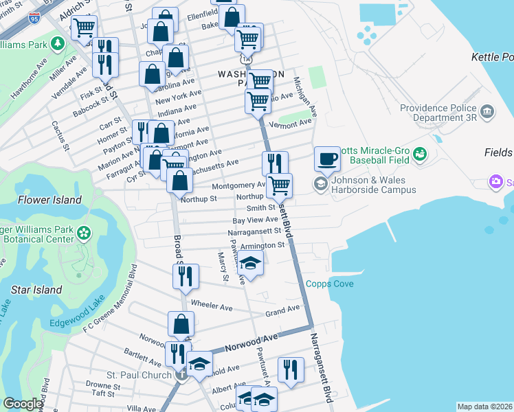 map of restaurants, bars, coffee shops, grocery stores, and more near 268 Northup Street in Cranston