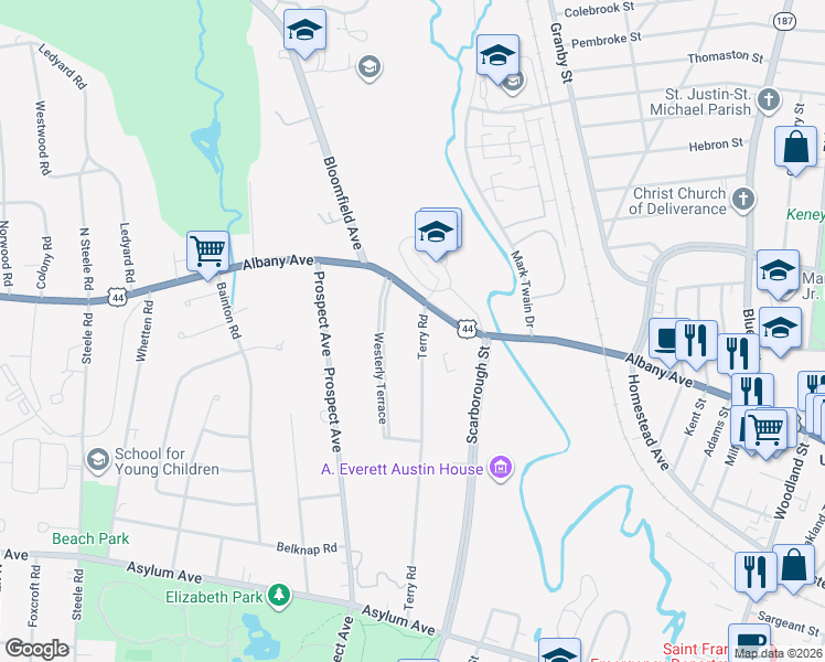 map of restaurants, bars, coffee shops, grocery stores, and more near 260 Terry Road in Hartford