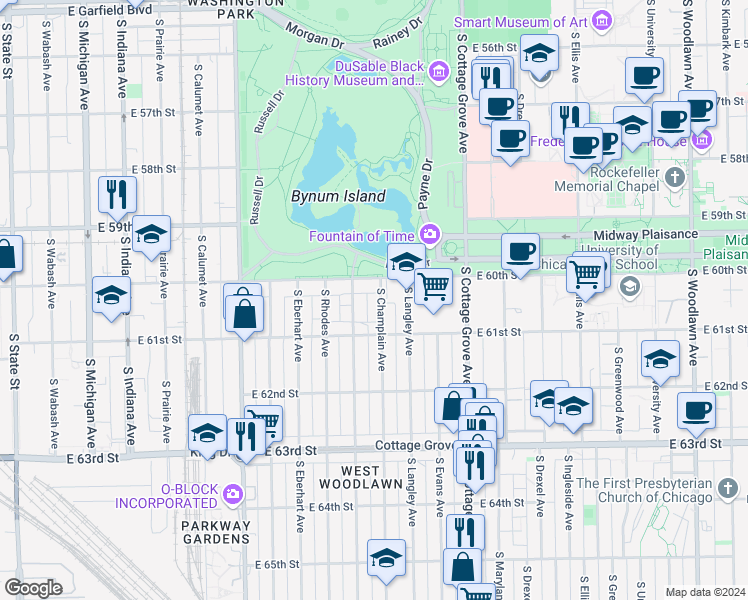 map of restaurants, bars, coffee shops, grocery stores, and more near 607 East 60th Street in Chicago