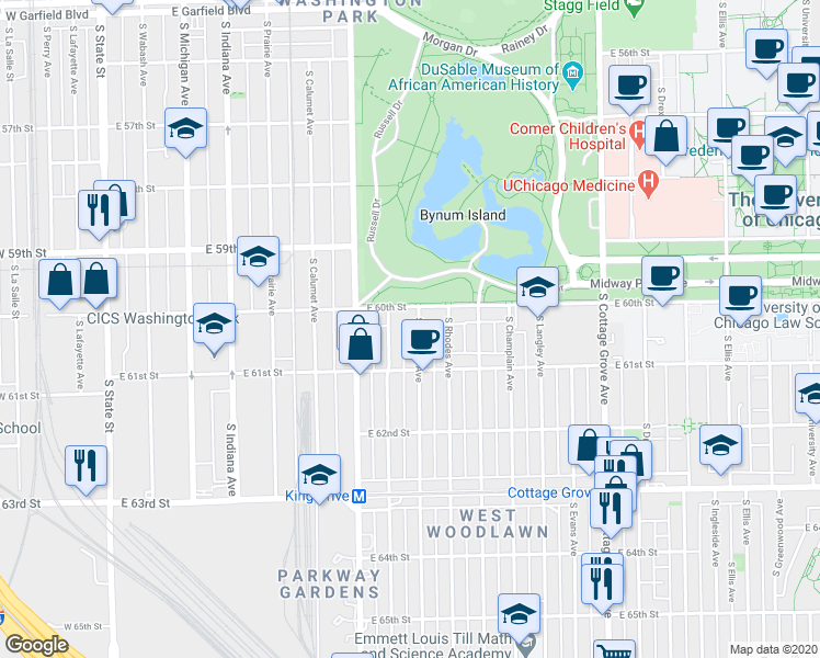 map of restaurants, bars, coffee shops, grocery stores, and more near 6006 South Eberhart Avenue in Chicago