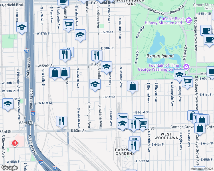 map of restaurants, bars, coffee shops, grocery stores, and more near 2275 East 60th Street in Chicago