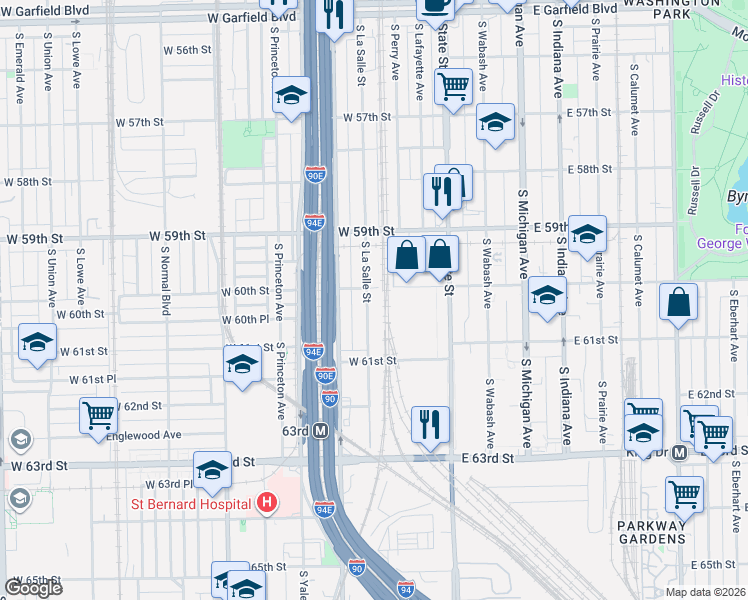 map of restaurants, bars, coffee shops, grocery stores, and more near 6005 South La Salle Street in Chicago