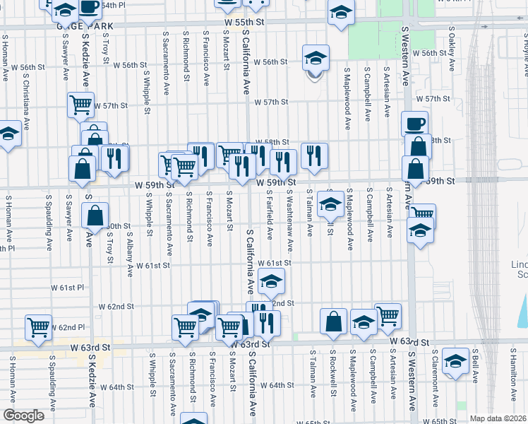 map of restaurants, bars, coffee shops, grocery stores, and more near 5927 South California Avenue in Chicago