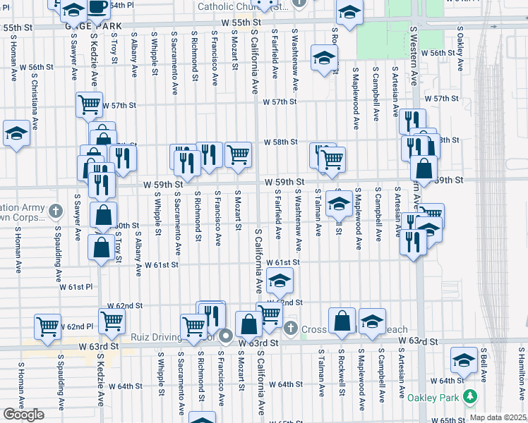 map of restaurants, bars, coffee shops, grocery stores, and more near 5927 South California Avenue in Chicago
