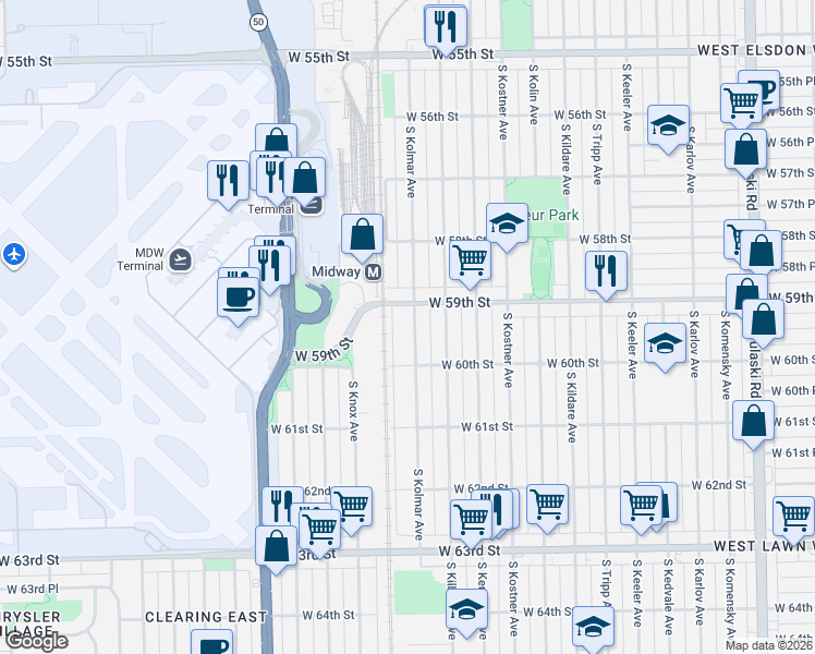 map of restaurants, bars, coffee shops, grocery stores, and more near 5906 South Kolmar Avenue in Chicago