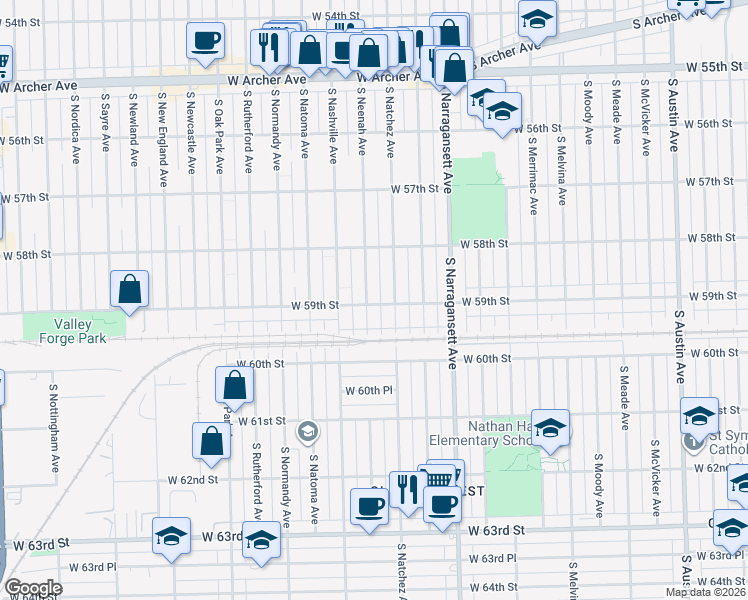 map of restaurants, bars, coffee shops, grocery stores, and more near 5842 South Natchez Avenue in Chicago