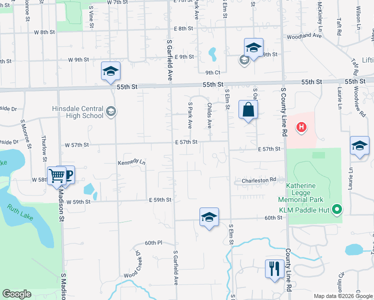 map of restaurants, bars, coffee shops, grocery stores, and more near 5707 Sutton Place in Hinsdale
