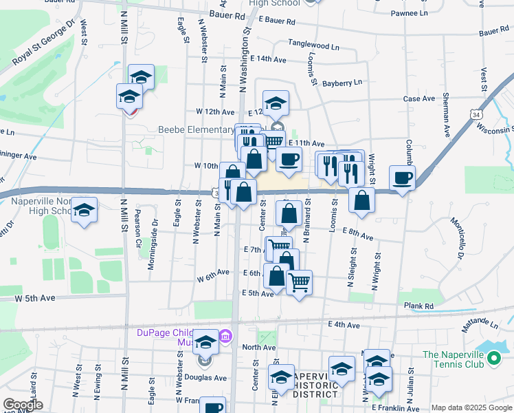 map of restaurants, bars, coffee shops, grocery stores, and more near 847 North Center Street in Naperville