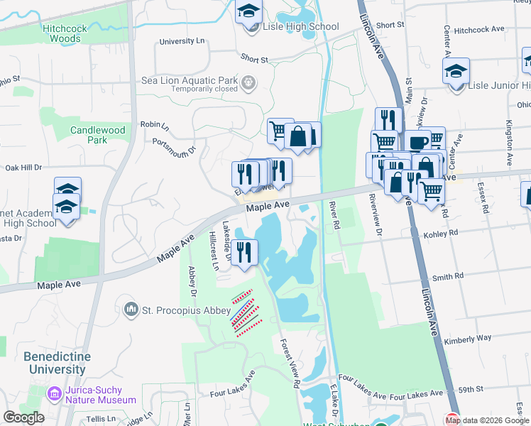map of restaurants, bars, coffee shops, grocery stores, and more near 1600 Maple Avenue in Lisle