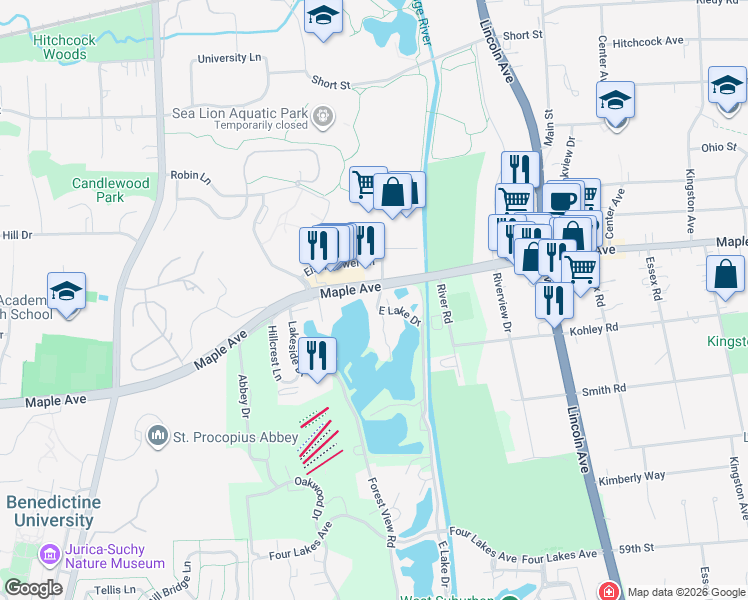 map of restaurants, bars, coffee shops, grocery stores, and more near 5501 East Lake Drive in Lisle