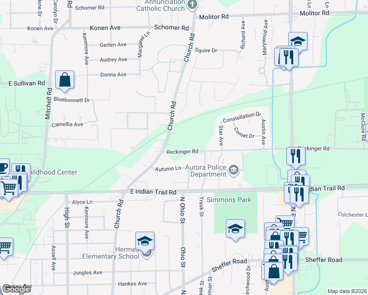 map of restaurants, bars, coffee shops, grocery stores, and more near 1006 Reckinger Road in Aurora
