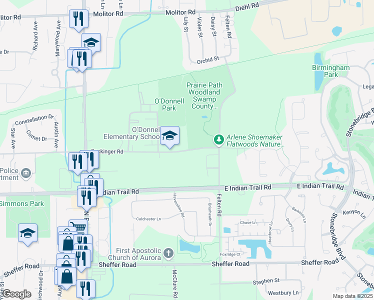 map of restaurants, bars, coffee shops, grocery stores, and more near 1640 Reckinger Road in Aurora