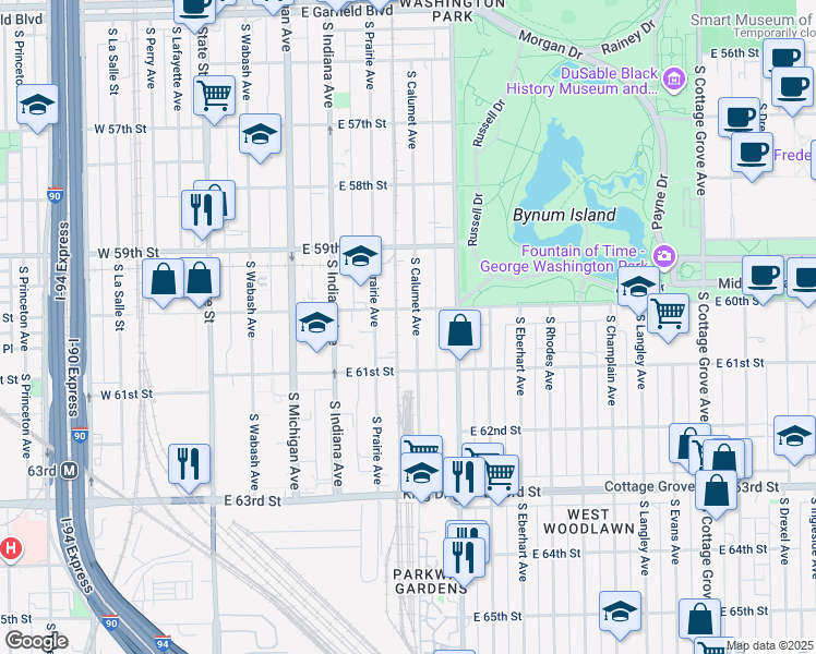 map of restaurants, bars, coffee shops, grocery stores, and more near 313 East 60th Street in Chicago