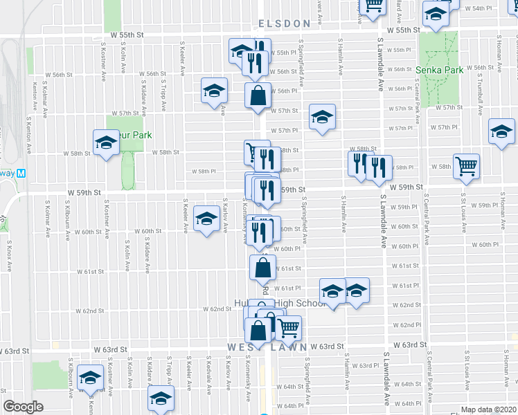 map of restaurants, bars, coffee shops, grocery stores, and more near 5924 South Pulaski Road in Chicago