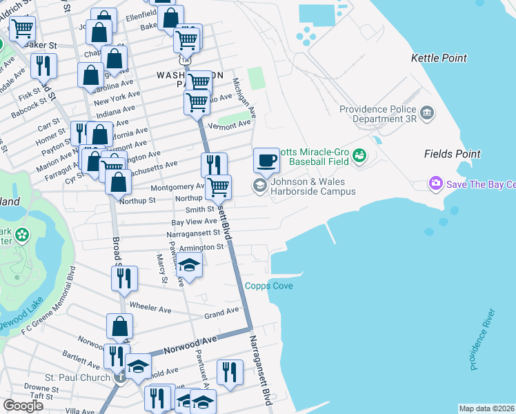 map of restaurants, bars, coffee shops, grocery stores, and more near 111 Smith St in Cranston