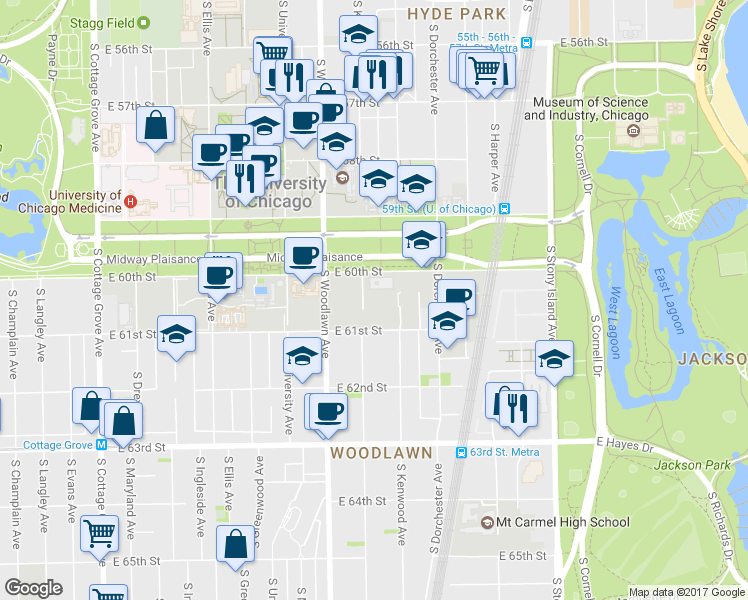 map of restaurants, bars, coffee shops, grocery stores, and more near 6021 South Kimbark Avenue in Chicago