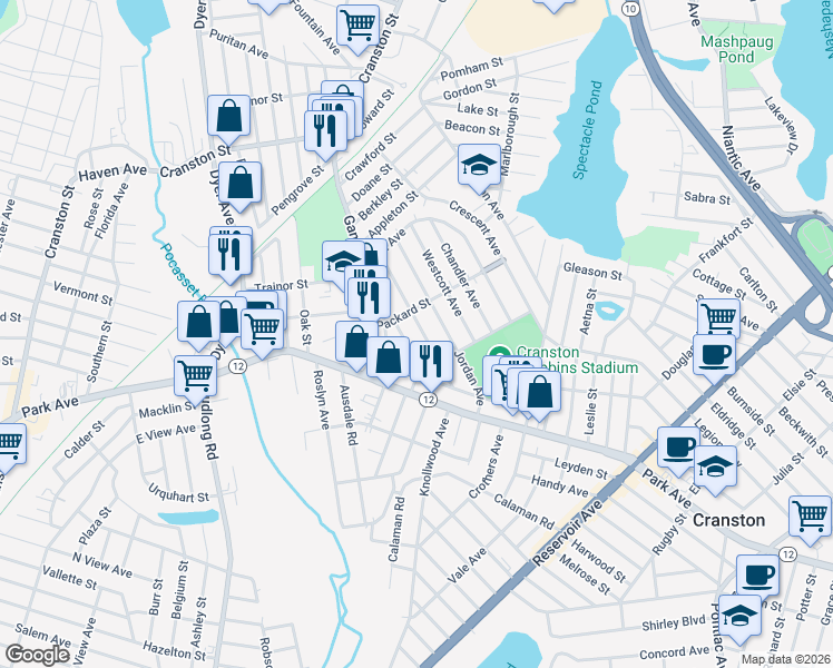 map of restaurants, bars, coffee shops, grocery stores, and more near 47 Packard Street in Cranston