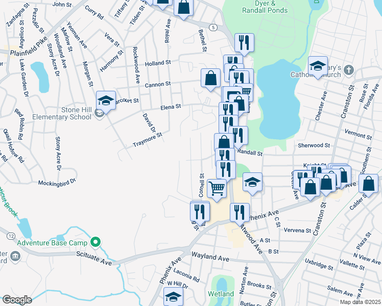 map of restaurants, bars, coffee shops, grocery stores, and more near 85 Whiting Street in Cranston