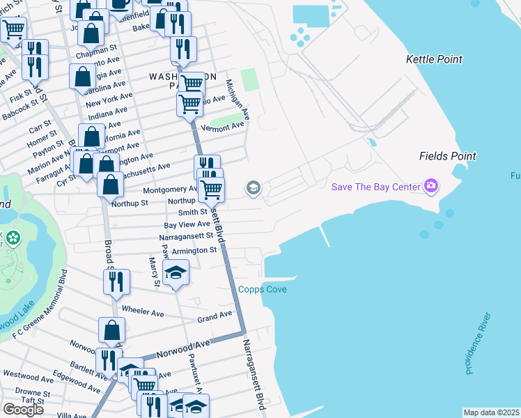 map of restaurants, bars, coffee shops, grocery stores, and more near 6 Smith Street in Cranston