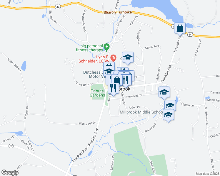 map of restaurants, bars, coffee shops, grocery stores, and more near 44 Front Street in Millbrook