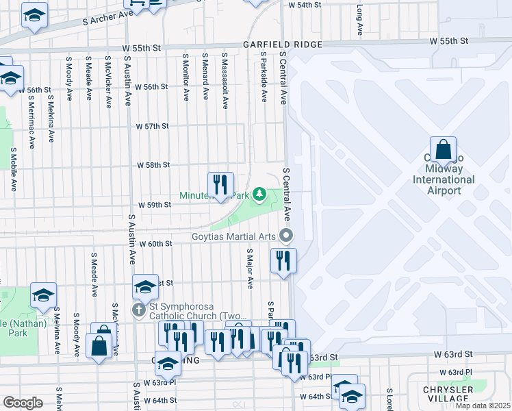 map of restaurants, bars, coffee shops, grocery stores, and more near 5830 South Central Avenue in Chicago