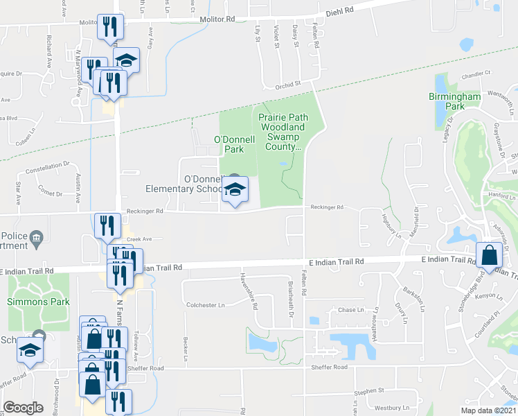 map of restaurants, bars, coffee shops, grocery stores, and more near 1640 Reckinger Road in Aurora