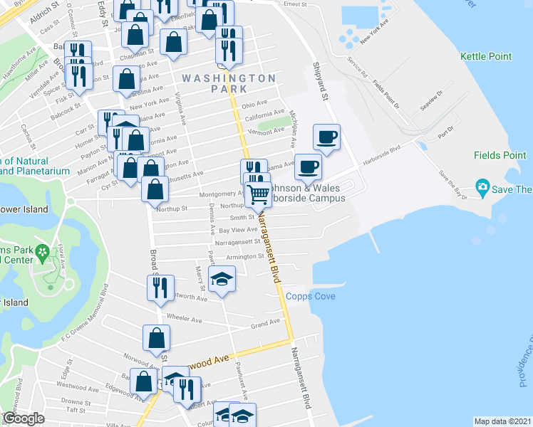 map of restaurants, bars, coffee shops, grocery stores, and more near 161 Smith Street in Cranston