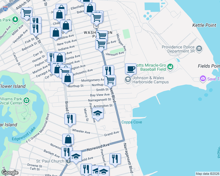 map of restaurants, bars, coffee shops, grocery stores, and more near 220 Northup Street in Cranston