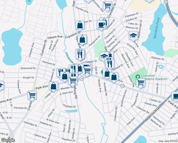 map of restaurants, bars, coffee shops, grocery stores, and more near 156 Duckworth Street in Cranston
