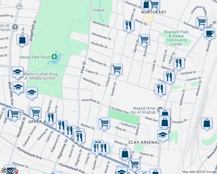 map of restaurants, bars, coffee shops, grocery stores, and more near 150 Enfield Street in Hartford
