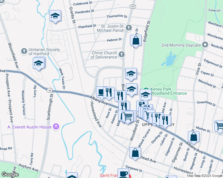 map of restaurants, bars, coffee shops, grocery stores, and more near 133 Kent Street in Hartford
