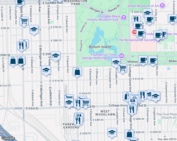 map of restaurants, bars, coffee shops, grocery stores, and more near 6006 South Eberhart Avenue in Chicago
