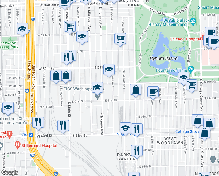 map of restaurants, bars, coffee shops, grocery stores, and more near 2275 East 60th Street in Chicago