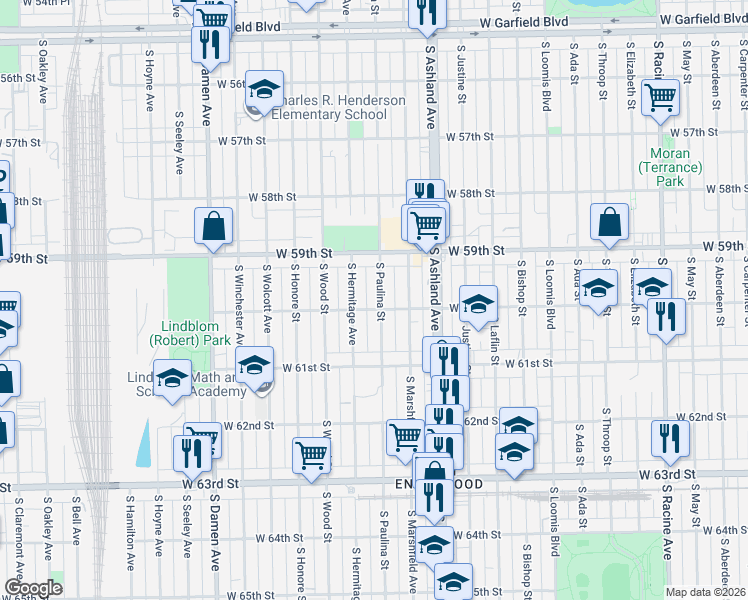 map of restaurants, bars, coffee shops, grocery stores, and more near 5941 South Hermitage Avenue in Chicago