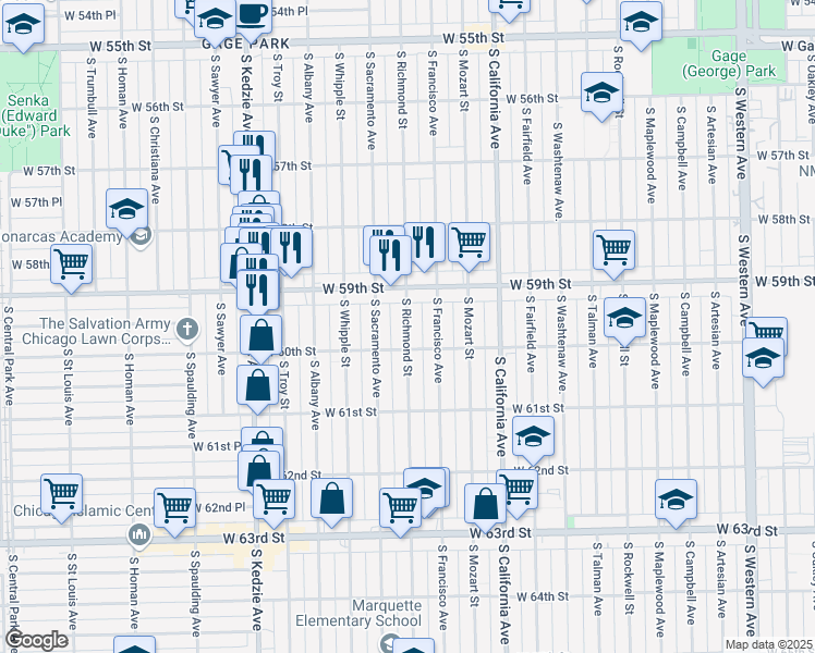 map of restaurants, bars, coffee shops, grocery stores, and more near 5926 South Richmond Street in Chicago