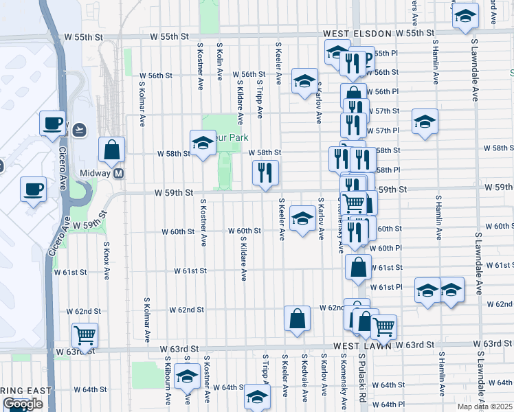 map of restaurants, bars, coffee shops, grocery stores, and more near 4225 West 59th Street in Chicago