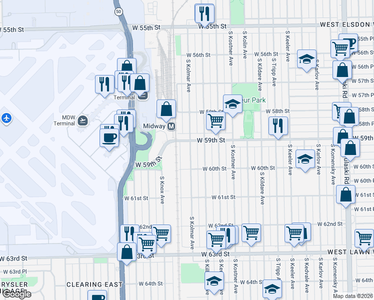 map of restaurants, bars, coffee shops, grocery stores, and more near 5906 South Kolmar Avenue in Chicago