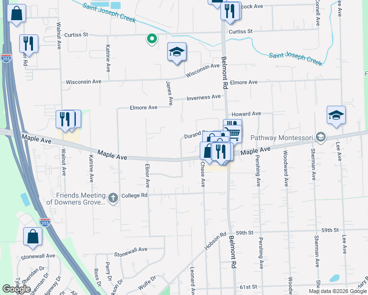 map of restaurants, bars, coffee shops, grocery stores, and more near 2321 Durand Drive in Downers Grove
