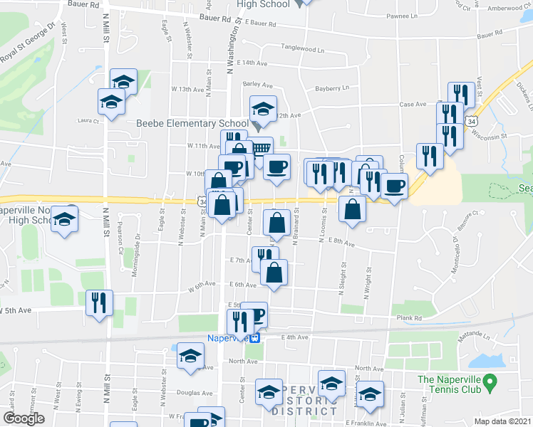 map of restaurants, bars, coffee shops, grocery stores, and more near 168 East Ogden Avenue in Naperville