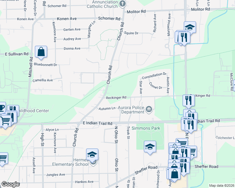 map of restaurants, bars, coffee shops, grocery stores, and more near 1006 Reckinger Road in Aurora