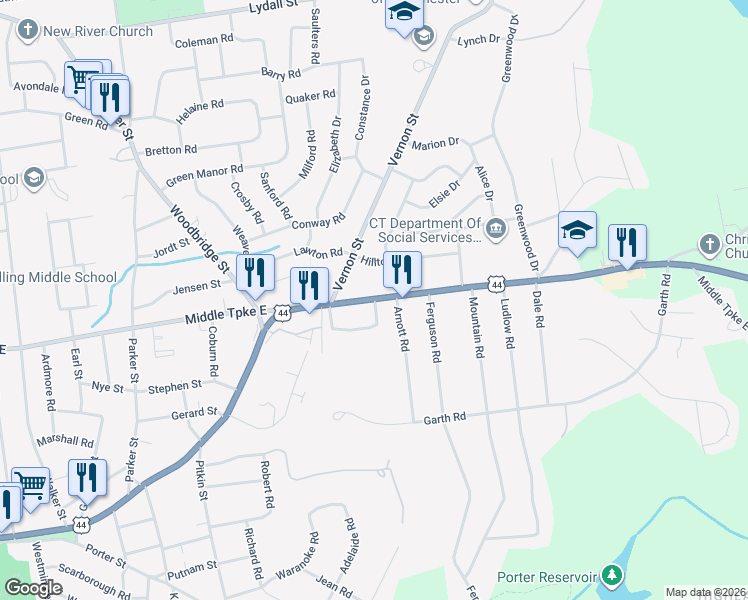 map of restaurants, bars, coffee shops, grocery stores, and more near 598 Middle Turnpike East in Manchester