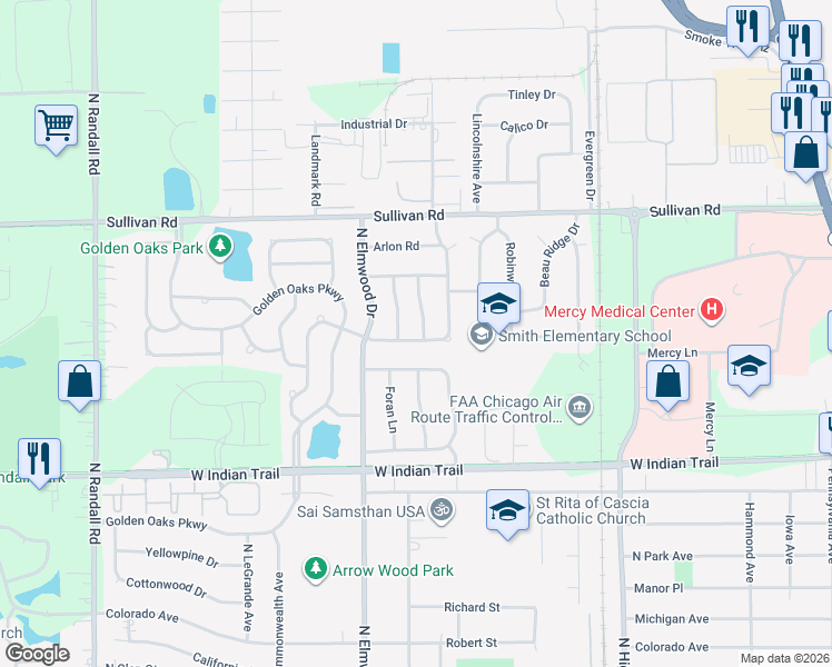 map of restaurants, bars, coffee shops, grocery stores, and more near 1372 Eastwood Drive in Aurora