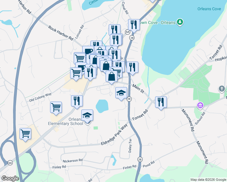 map of restaurants, bars, coffee shops, grocery stores, and more near 55 Main Street in Orleans