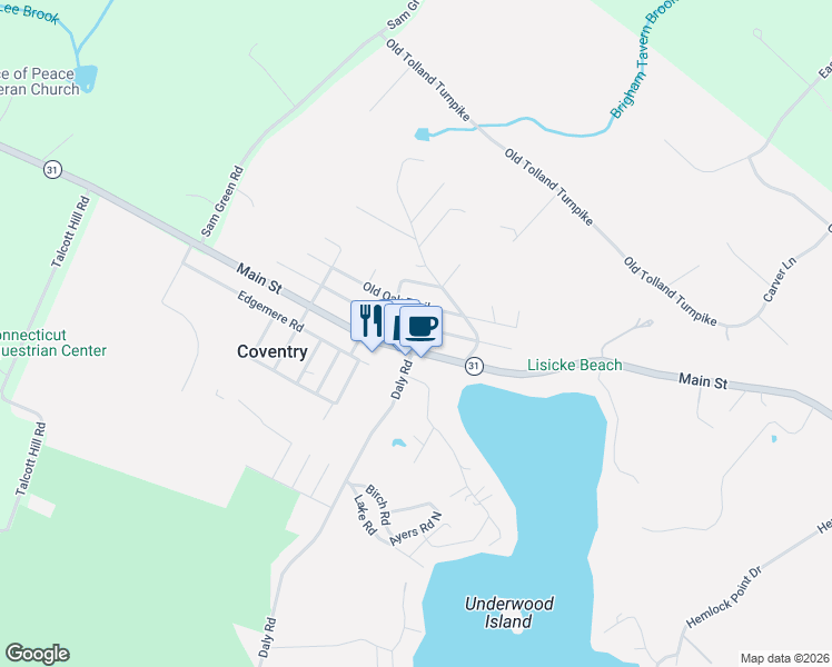 map of restaurants, bars, coffee shops, grocery stores, and more near 96 Ridgewood Trail in Coventry