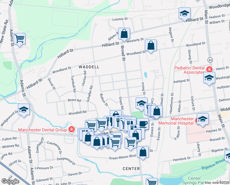 map of restaurants, bars, coffee shops, grocery stores, and more near 70 Grant Road in Manchester